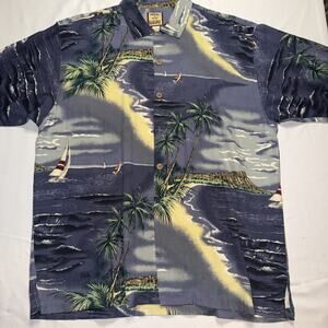 Men’s Tommy Bahama 100% Silk Button Down Shirt Large palm trees sailboats